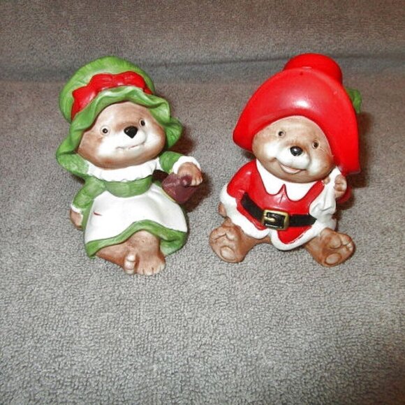 Vintage SET OF 2 Homco CHRISTMAS BEAR Figurines BISQUE Porcelain SANTA Couple - Picture 1 of 11